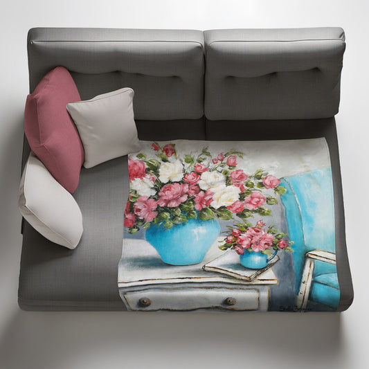 Pink and White Bouquet in Blue Vase Full View Light Weigt Fleece Blanket By Stella Bruwer