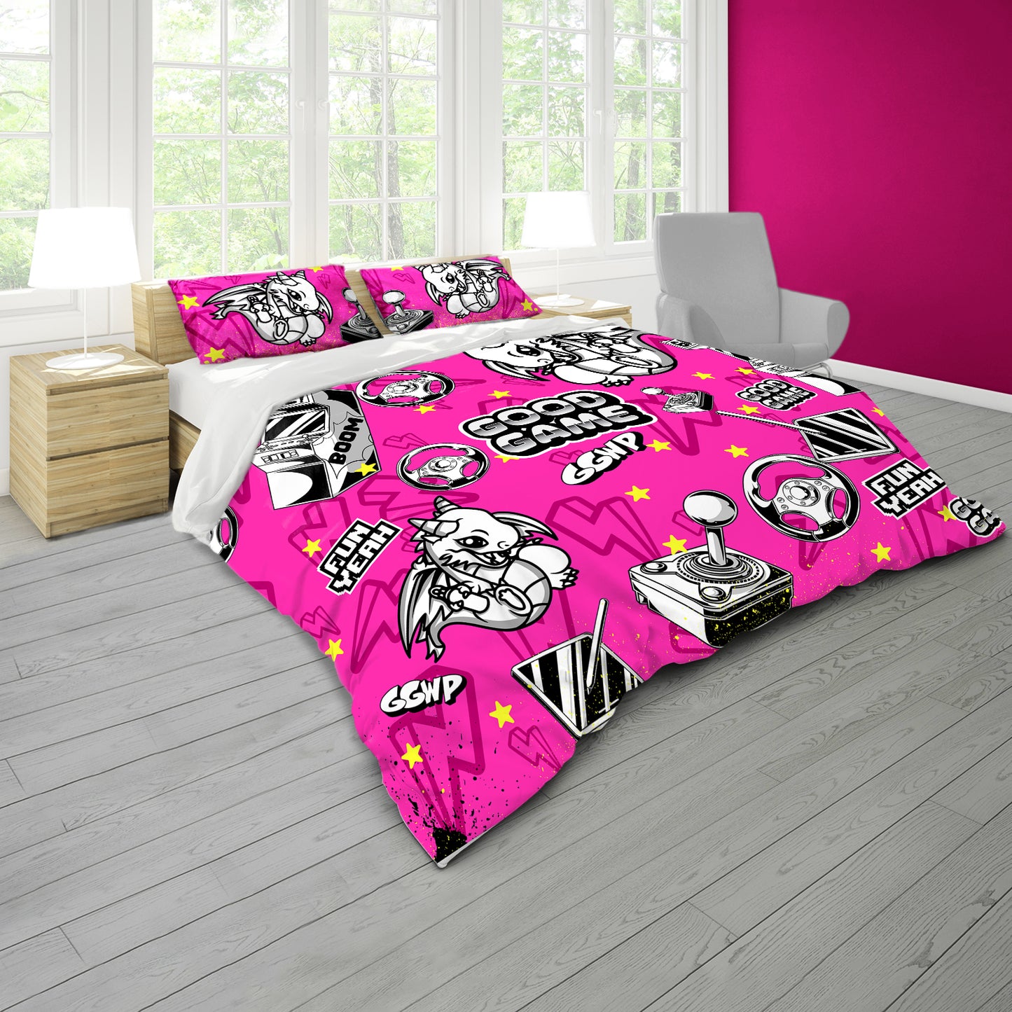 Pink Dragon Arcade Kids Duvet Cover Set