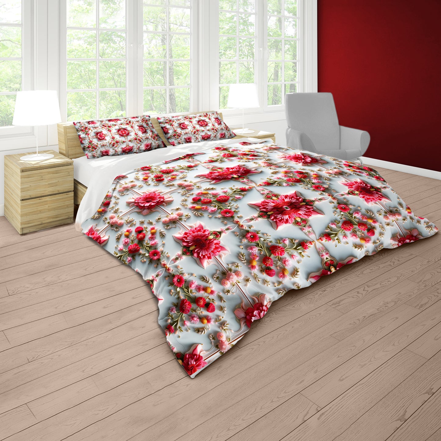 Pink Flower Tiles Duvet Cover Set