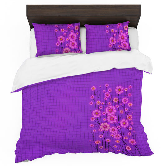 Pink Flowers on Purple Duvet Cover Set
