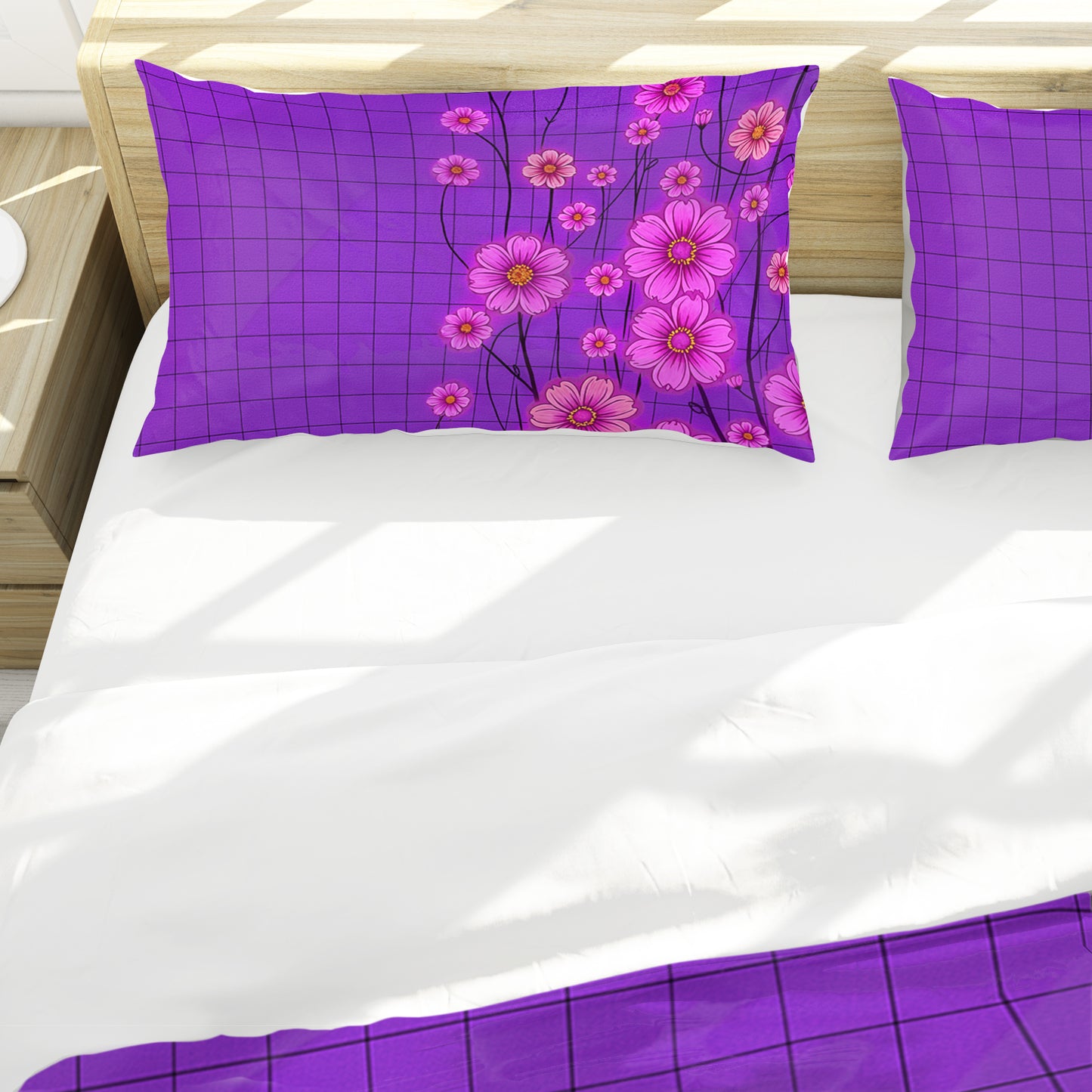Pink Flowers on Purple Duvet Cover Set