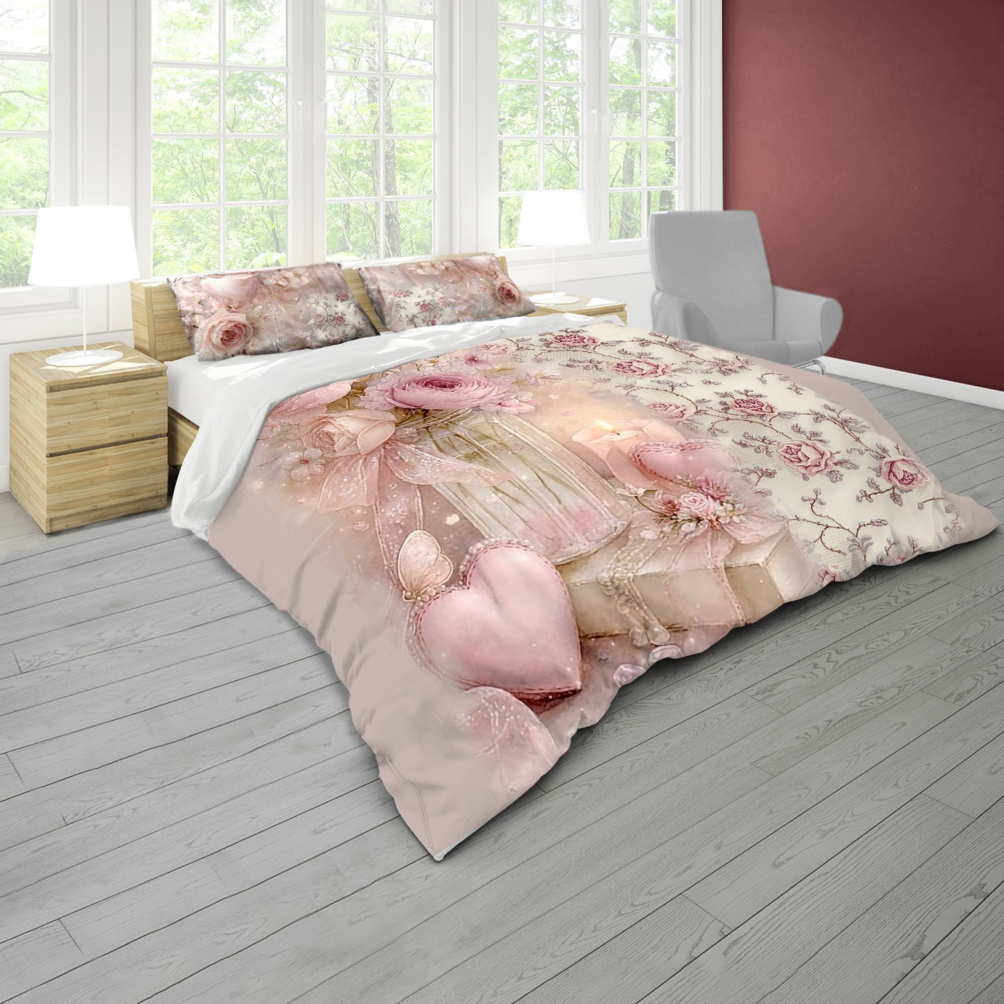 Pink Hearts & Roses Duvet Cover Set