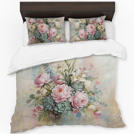 Pink Painted Peony & Succulents Duvet Cover Set