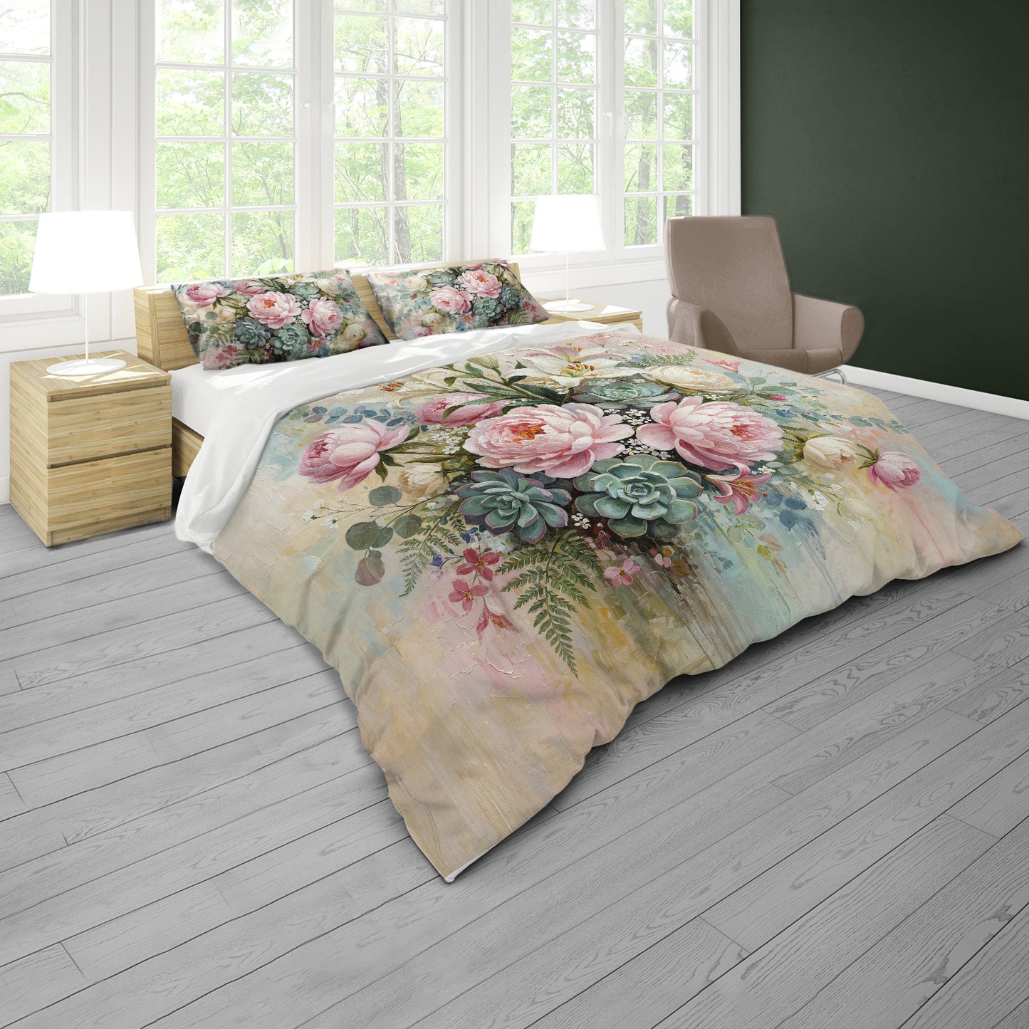 Pink Painted Peony & Succulents Duvet Cover Set