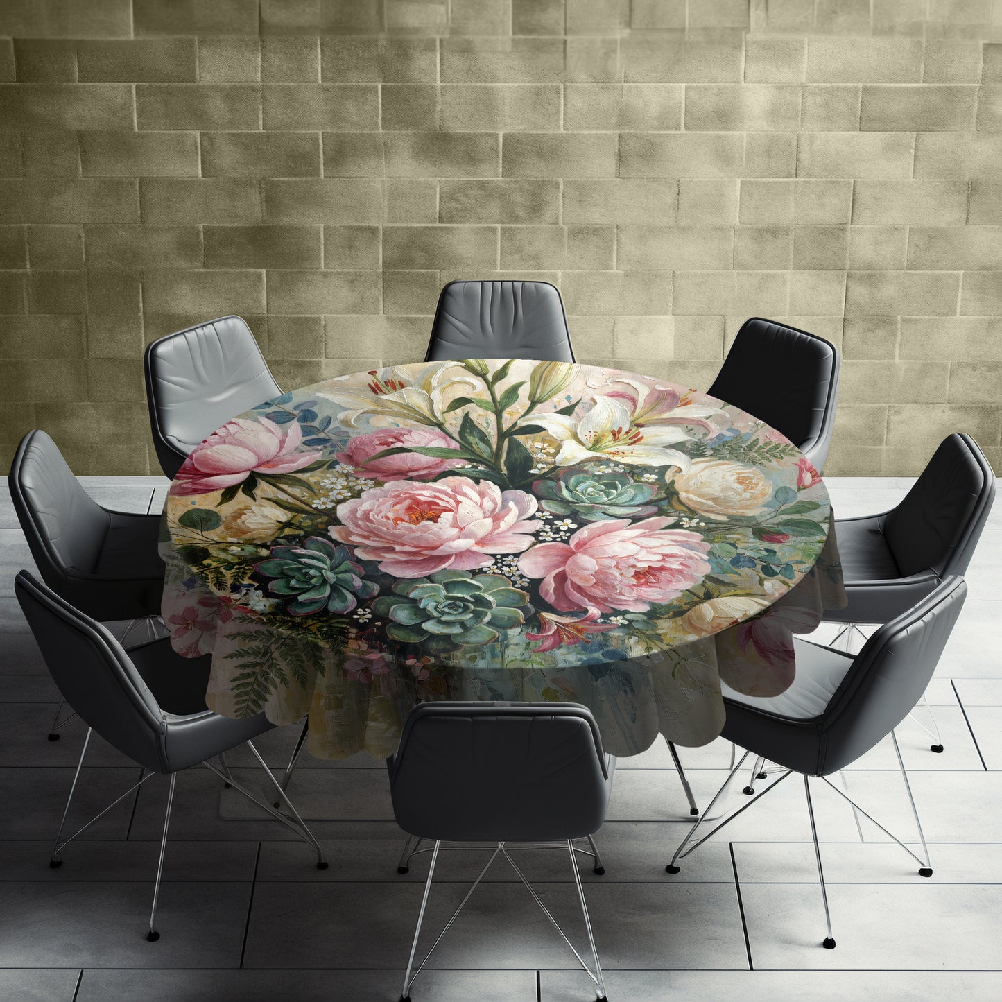 Pink Painted Peony & Succulents Round Tablecloth