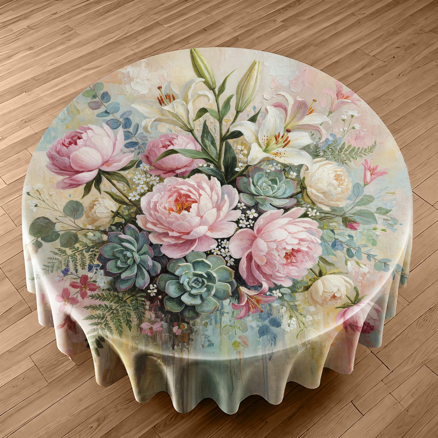 Pink Painted Peony & Succulents Round Tablecloth