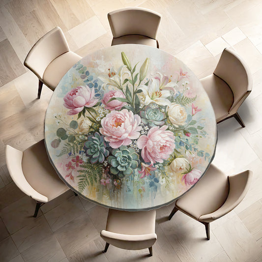 Pink Painted Peony & Succulents Round Tablecloth