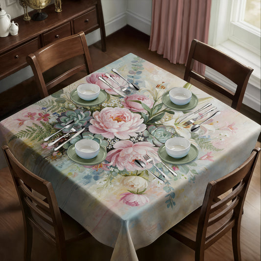 Pink Painted Peony & Succulents Square Tablecloth