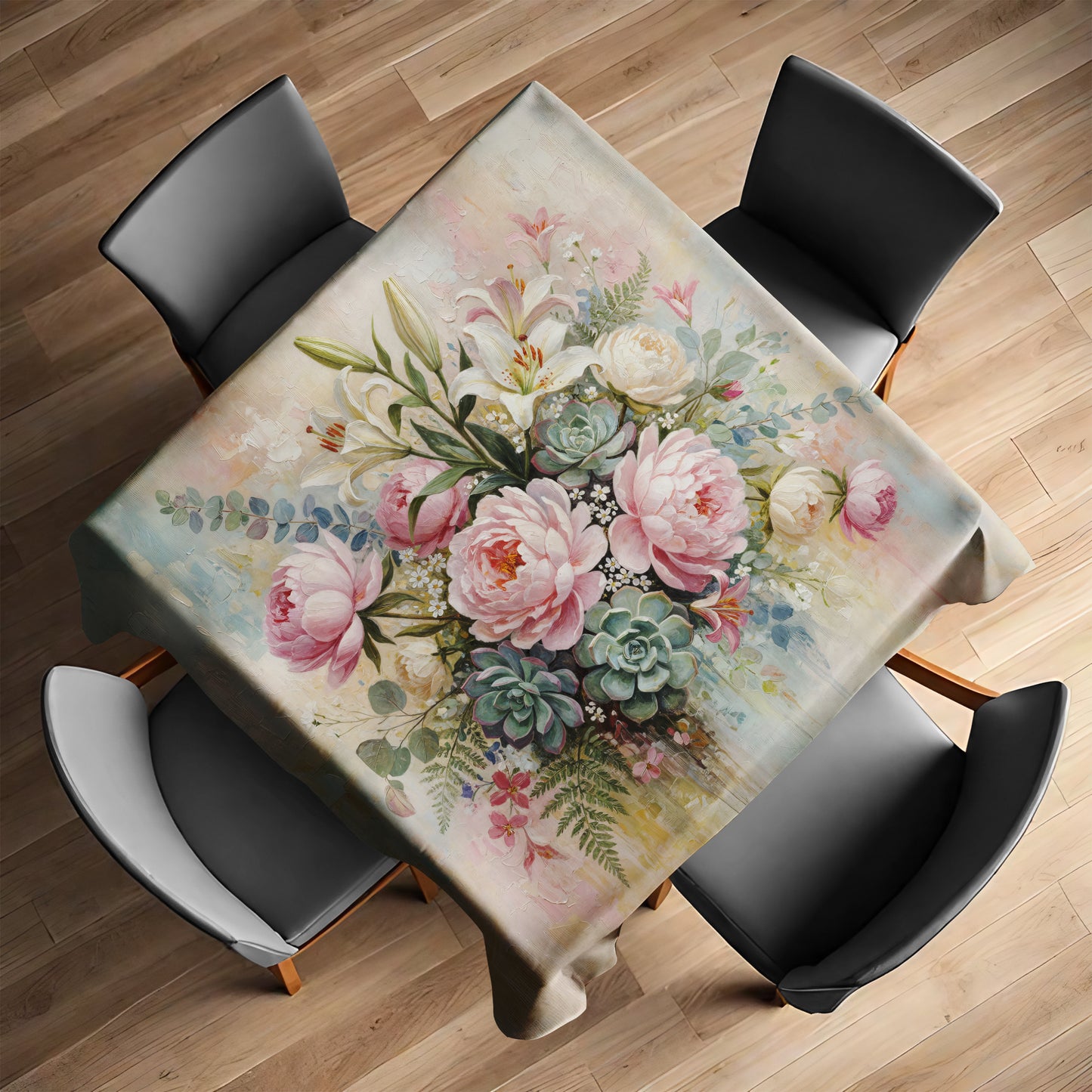 Pink Painted Peony & Succulents Square Tablecloth