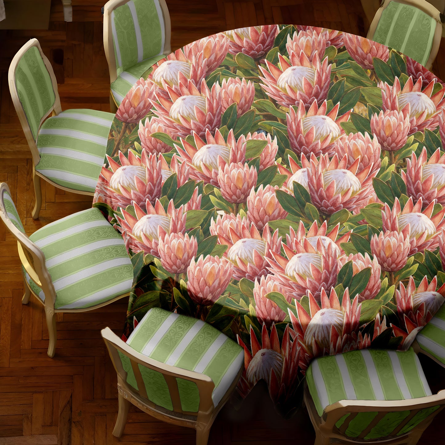 Pink Painted Proteas 2,3m Round Tablecloth