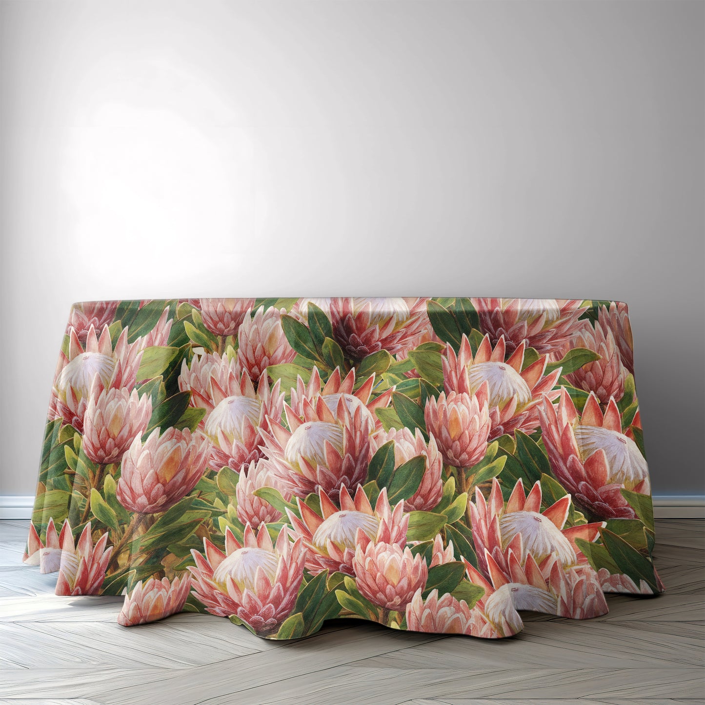 Pink Painted Proteas 2,3m Round Tablecloth