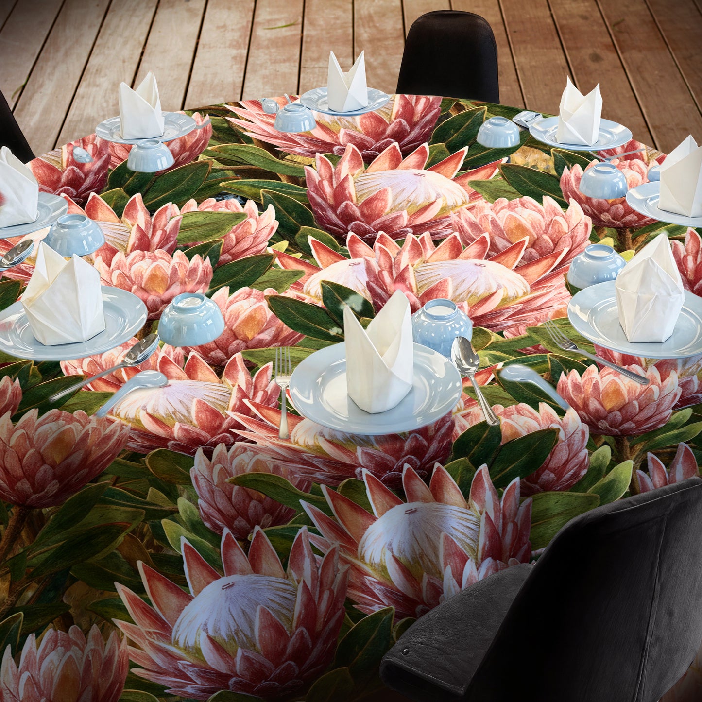 Pink Painted Proteas 2,3m Round Tablecloth