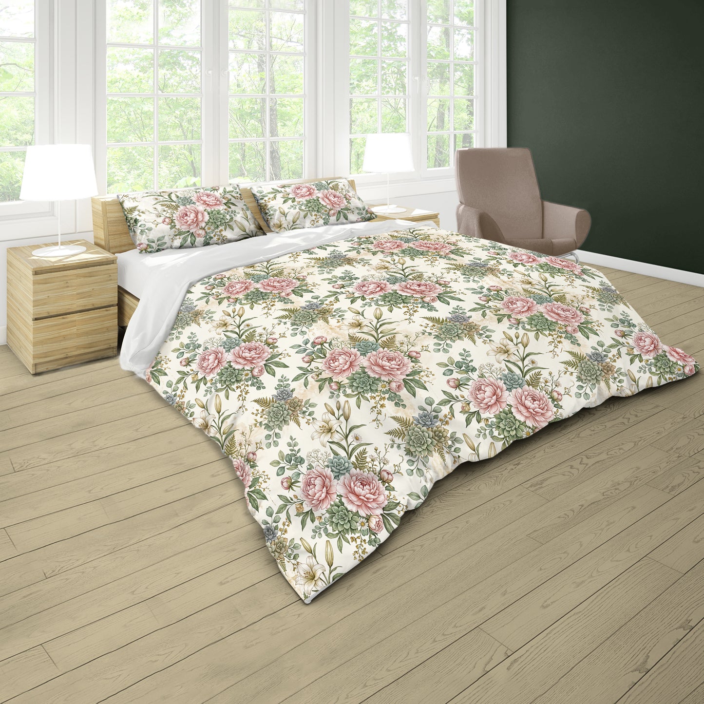 Pink Peony On Cream  Duvet Cover Set