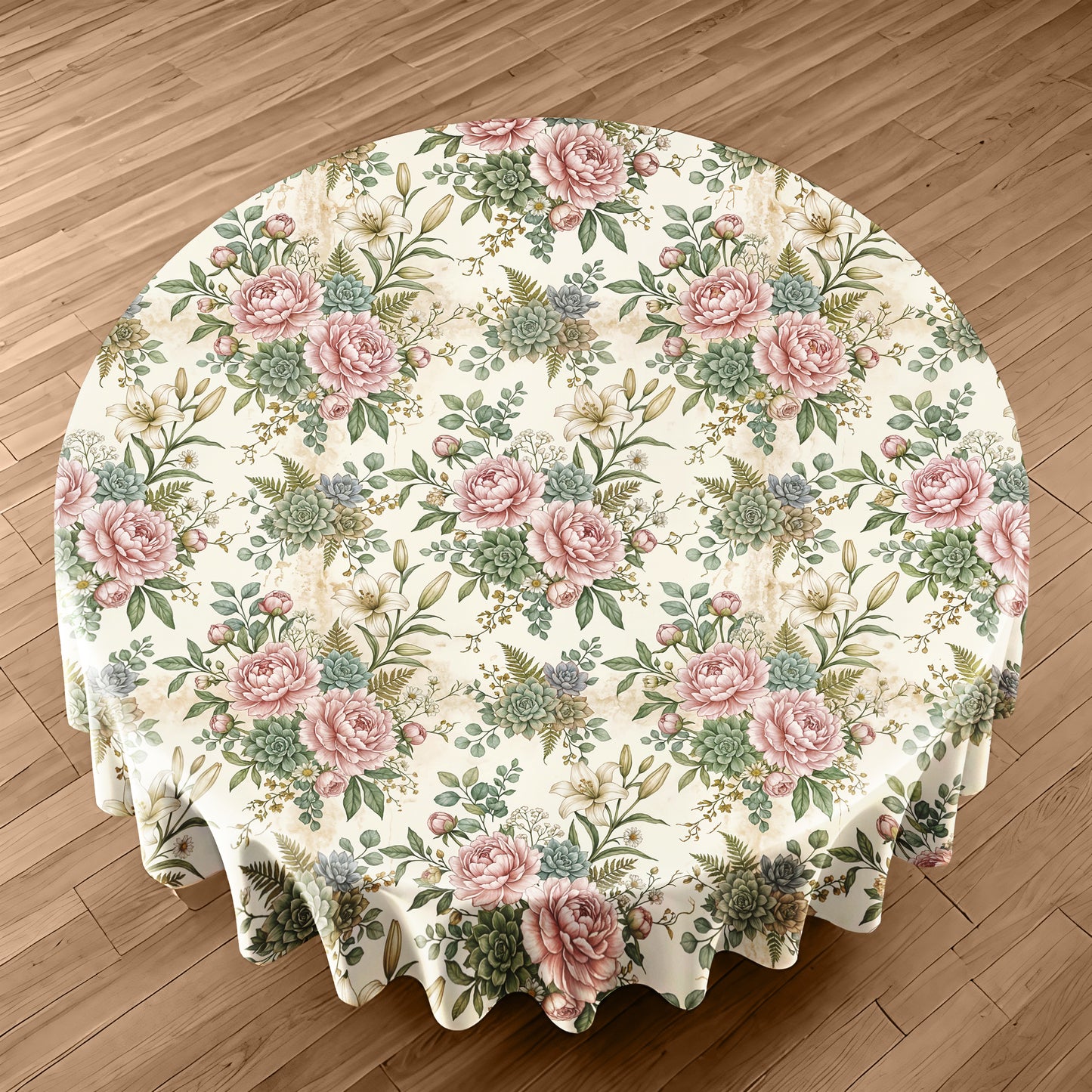 Pink Peony On Cream Round Tablecloth