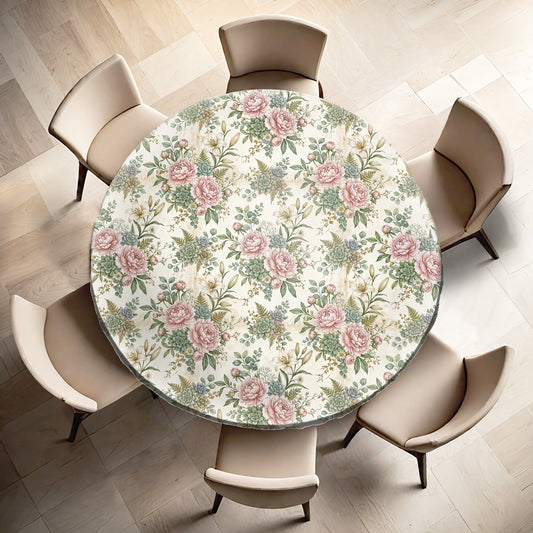 Pink Peony On Cream Round Tablecloth