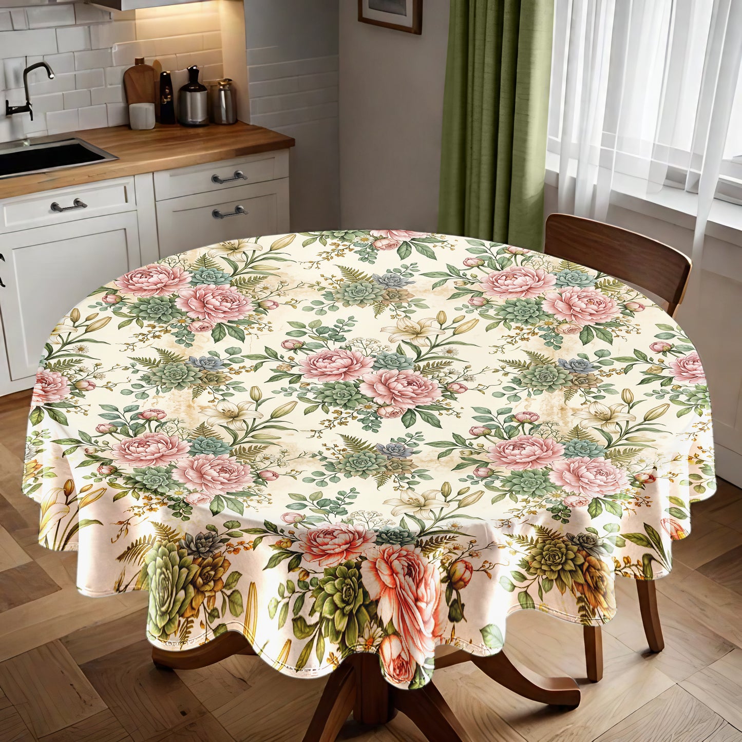 Pink Peony On Cream Round Tablecloth