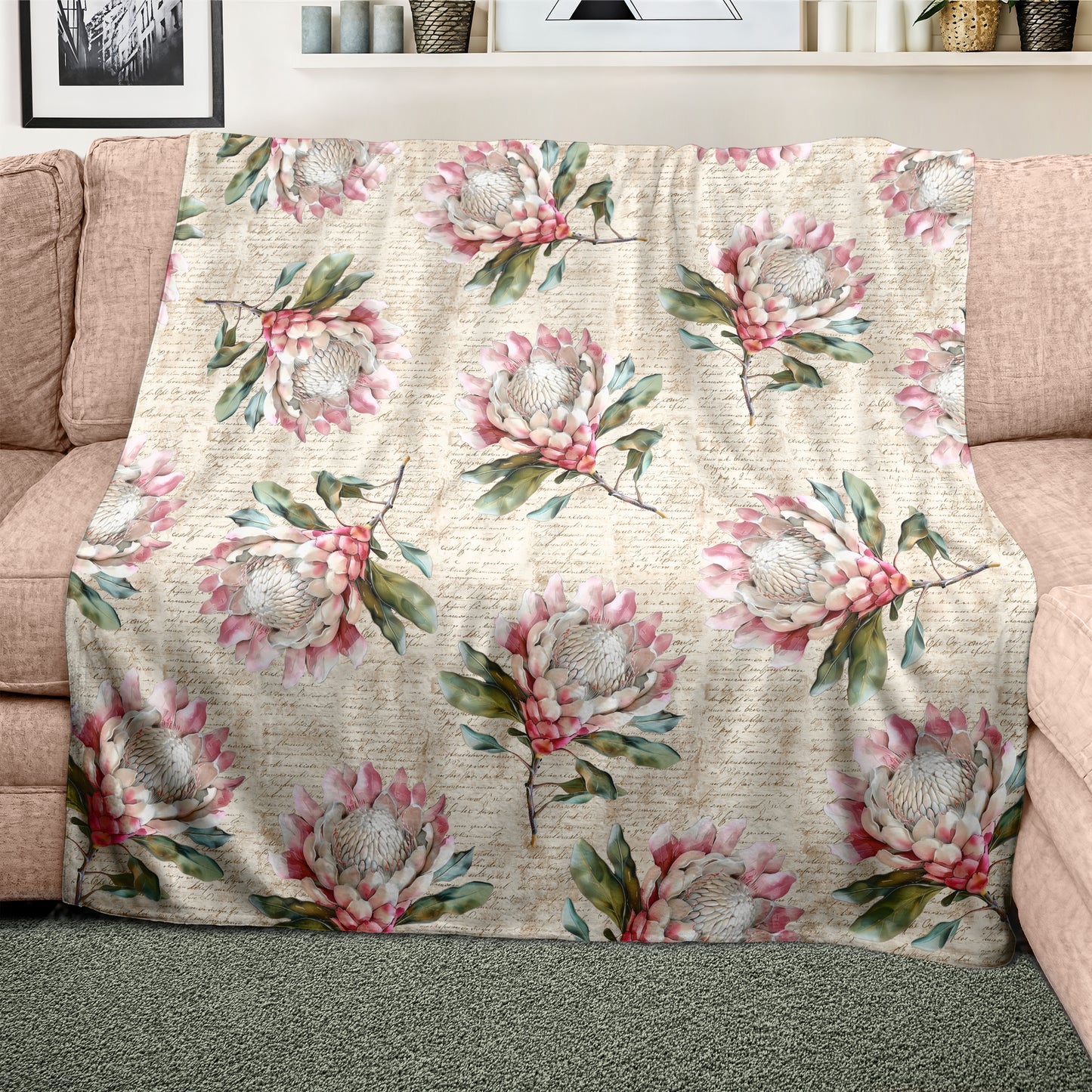 Pink Protea Script Light Weight Fleece Blanket by Mark van Vuuren