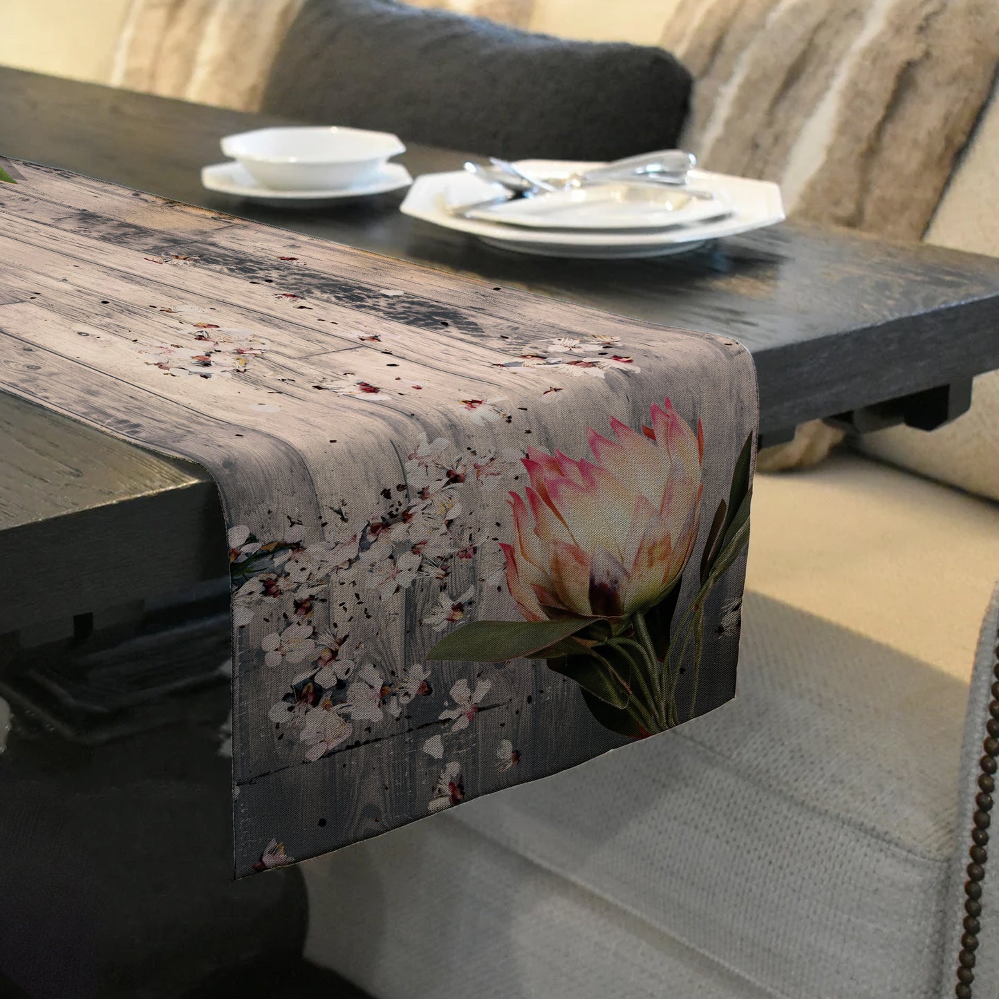 Pink Protea on Wood Table Runner