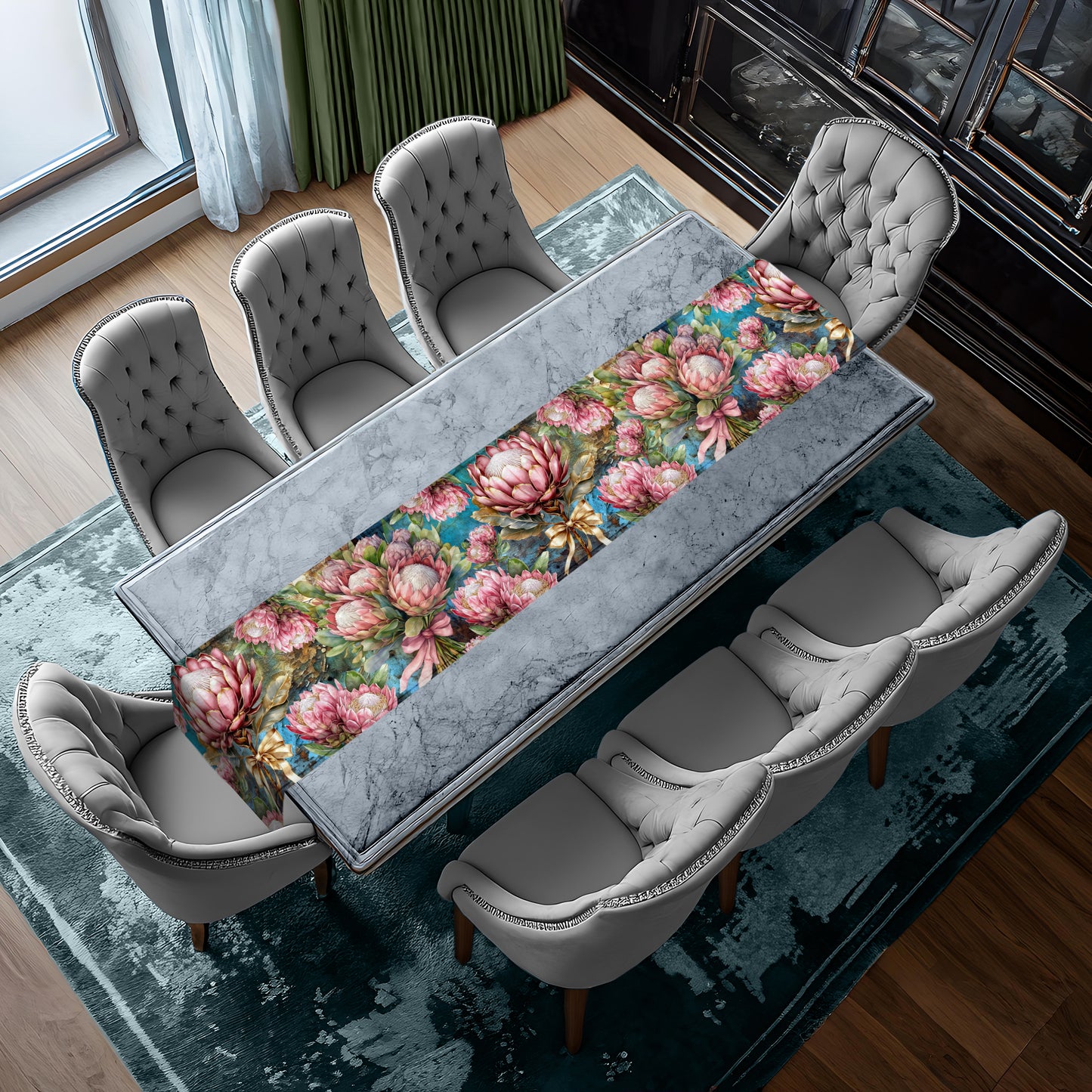 Pink Proteas On Blue Table Runner by Mark van Vuuren