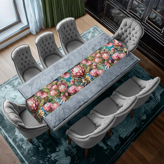 Pink Proteas On Blue Table Runner by Mark van Vuuren