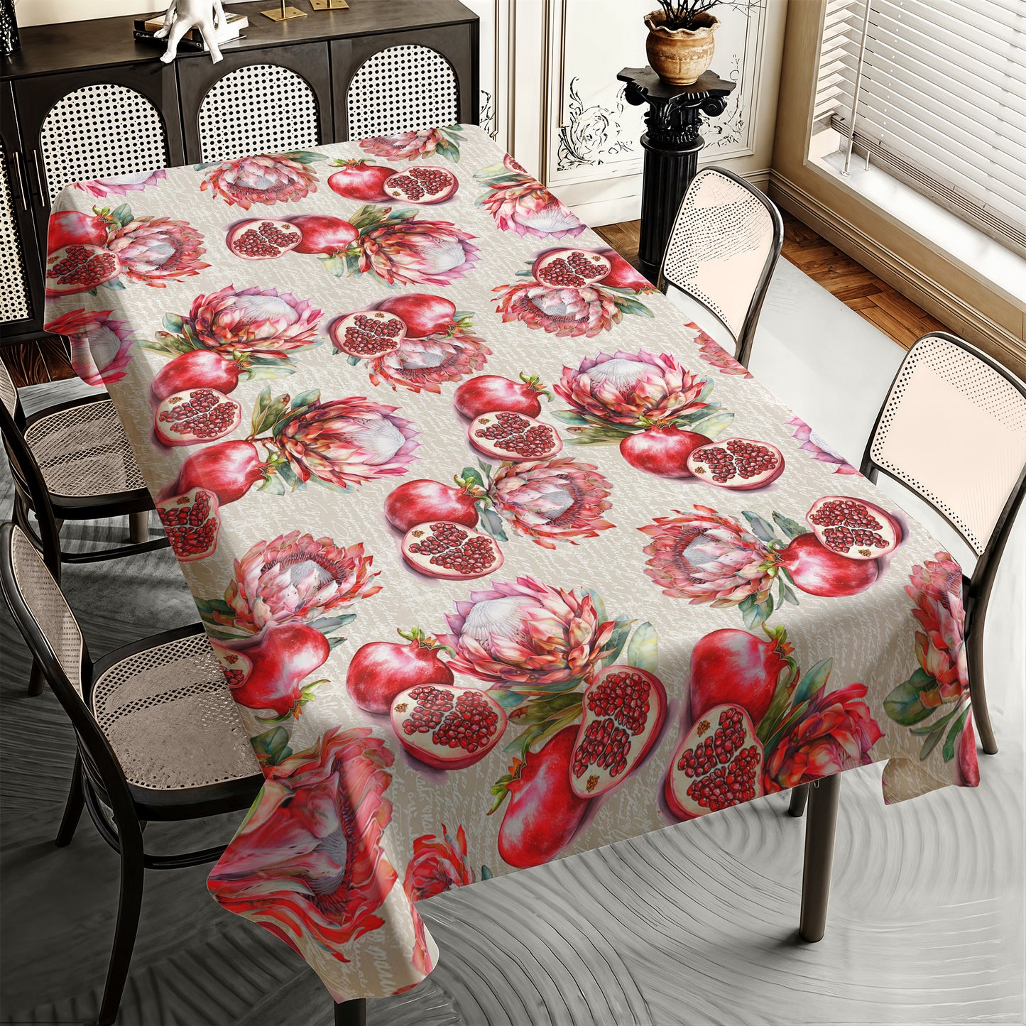 Pink Proteas & Pomegranates Rectangle Tablecloth by Mark van Vuuren