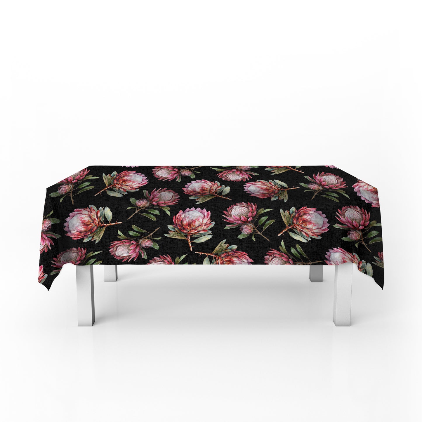 Pink Proteas on Black Rectangle Tablecloth by Mark van Vuuren