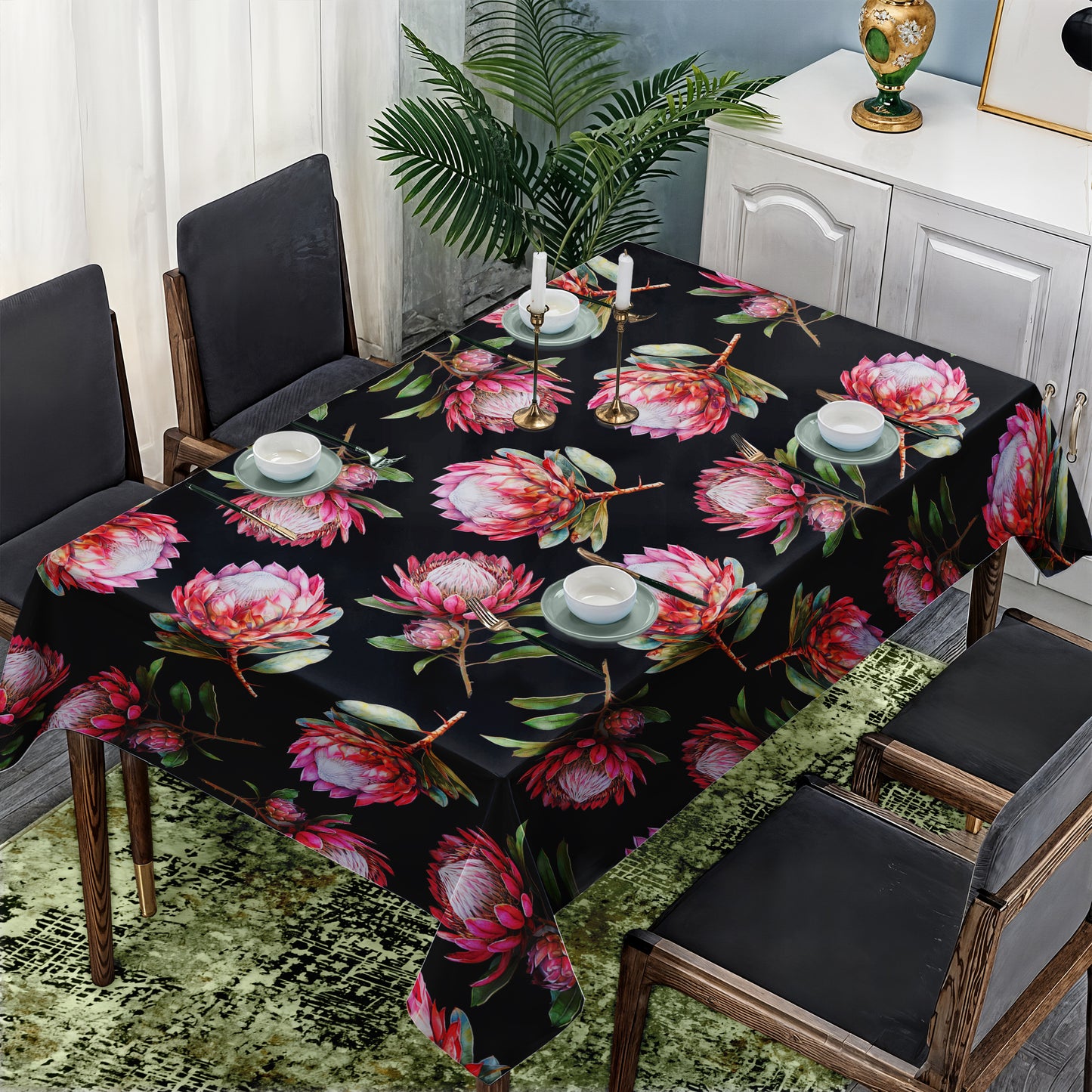Pink Proteas on Black Rectangle Tablecloth by Mark van Vuuren