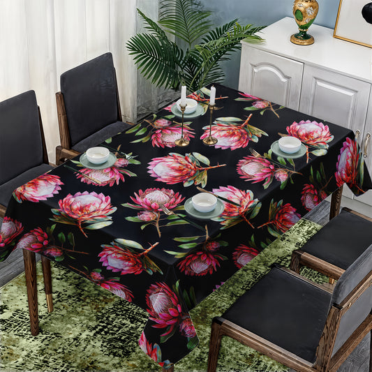 Pink Proteas on Black Rectangle Tablecloth by Mark van Vuuren