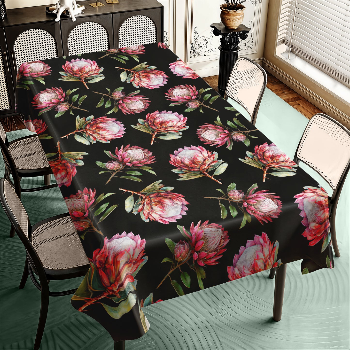 Pink Proteas on Black Rectangle Tablecloth by Mark van Vuuren