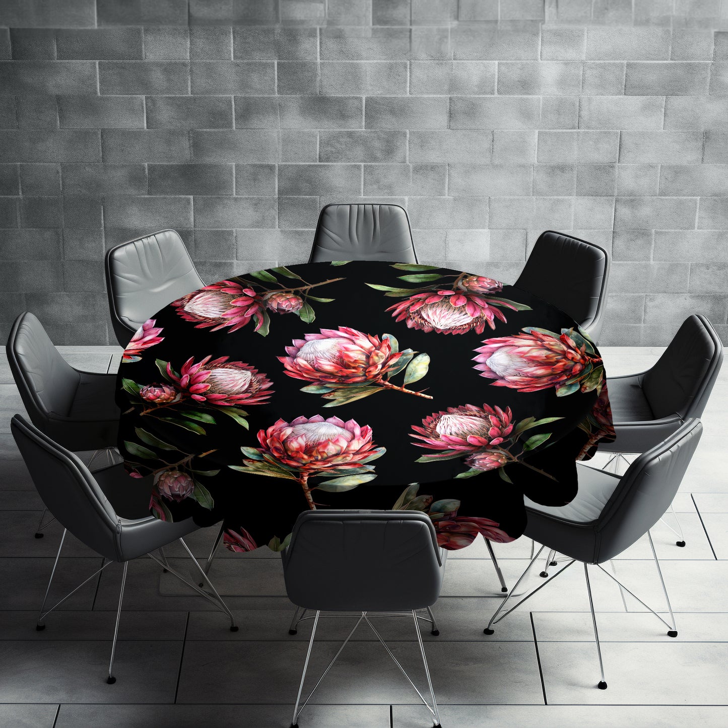 Pink Proteas on Black Round Tablecloth by Mark van Vuuren
