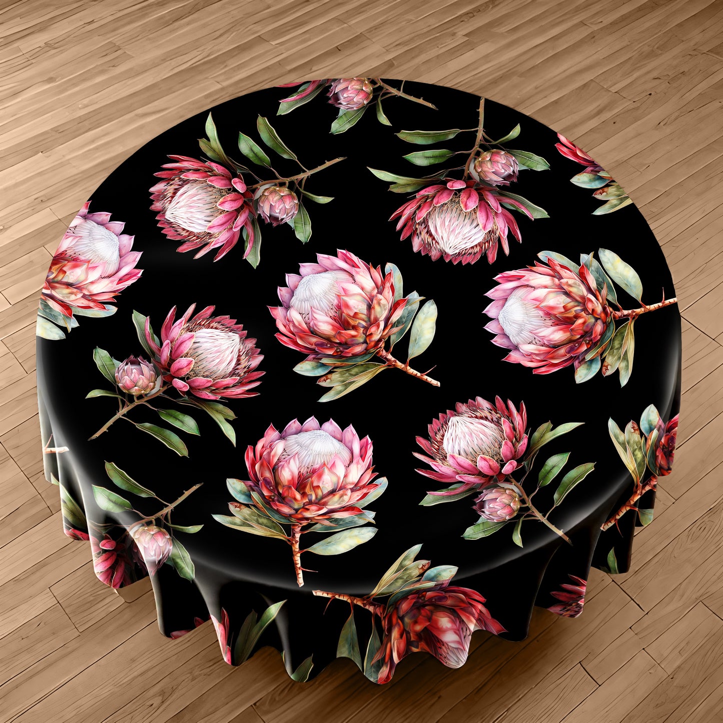 Pink Proteas on Black Round Tablecloth by Mark van Vuuren