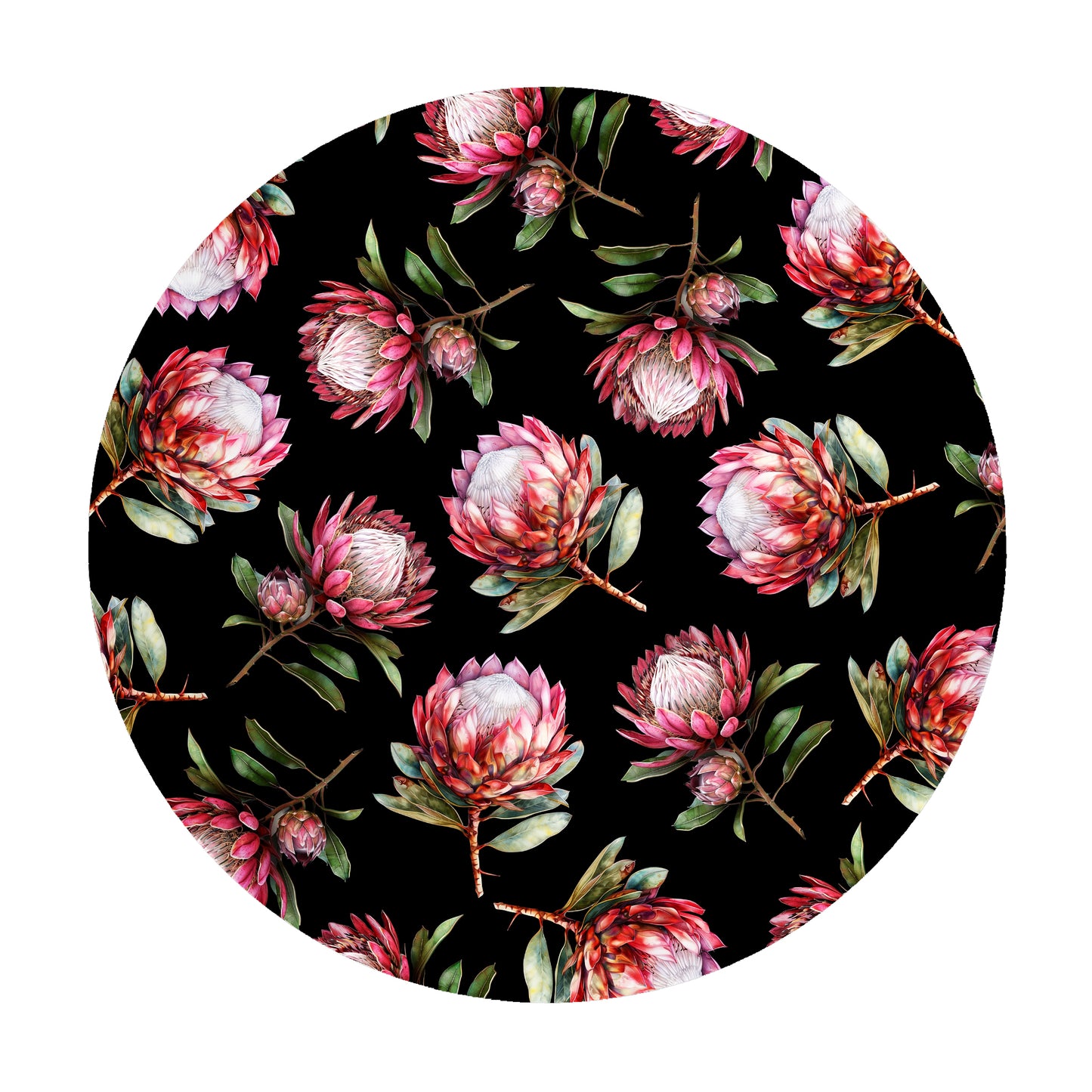 Pink Proteas on Black Round Tablecloth by Mark van Vuuren