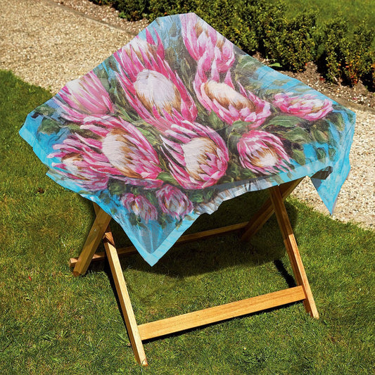 Pink Proteas on Blue Table Net Cover by Stella Bruwer