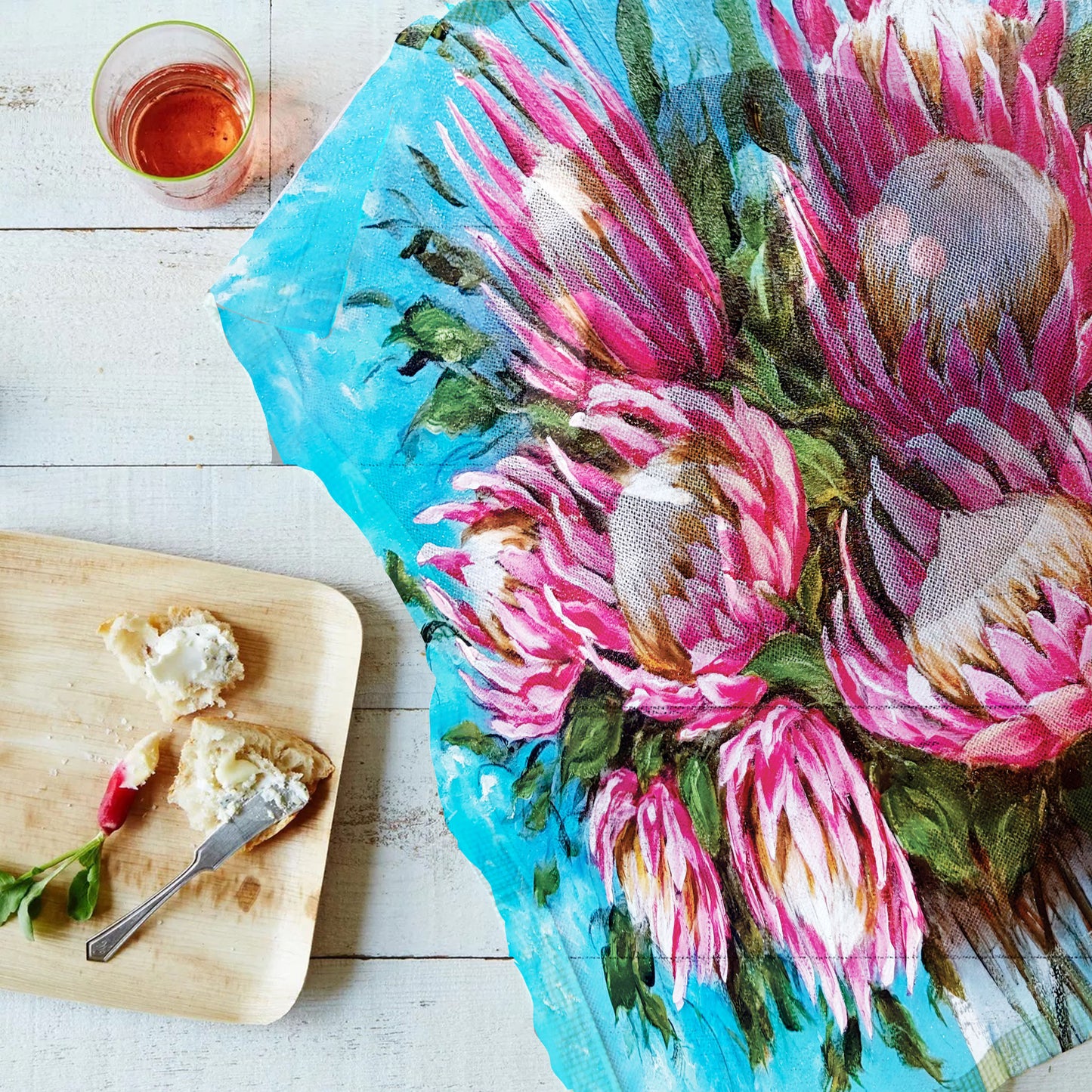 Pink Proteas on Blue Table Net Cover by Stella Bruwer