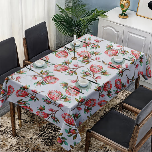 Pink Proteas on White Rectangle Tablecloth by Mark van Vuuren