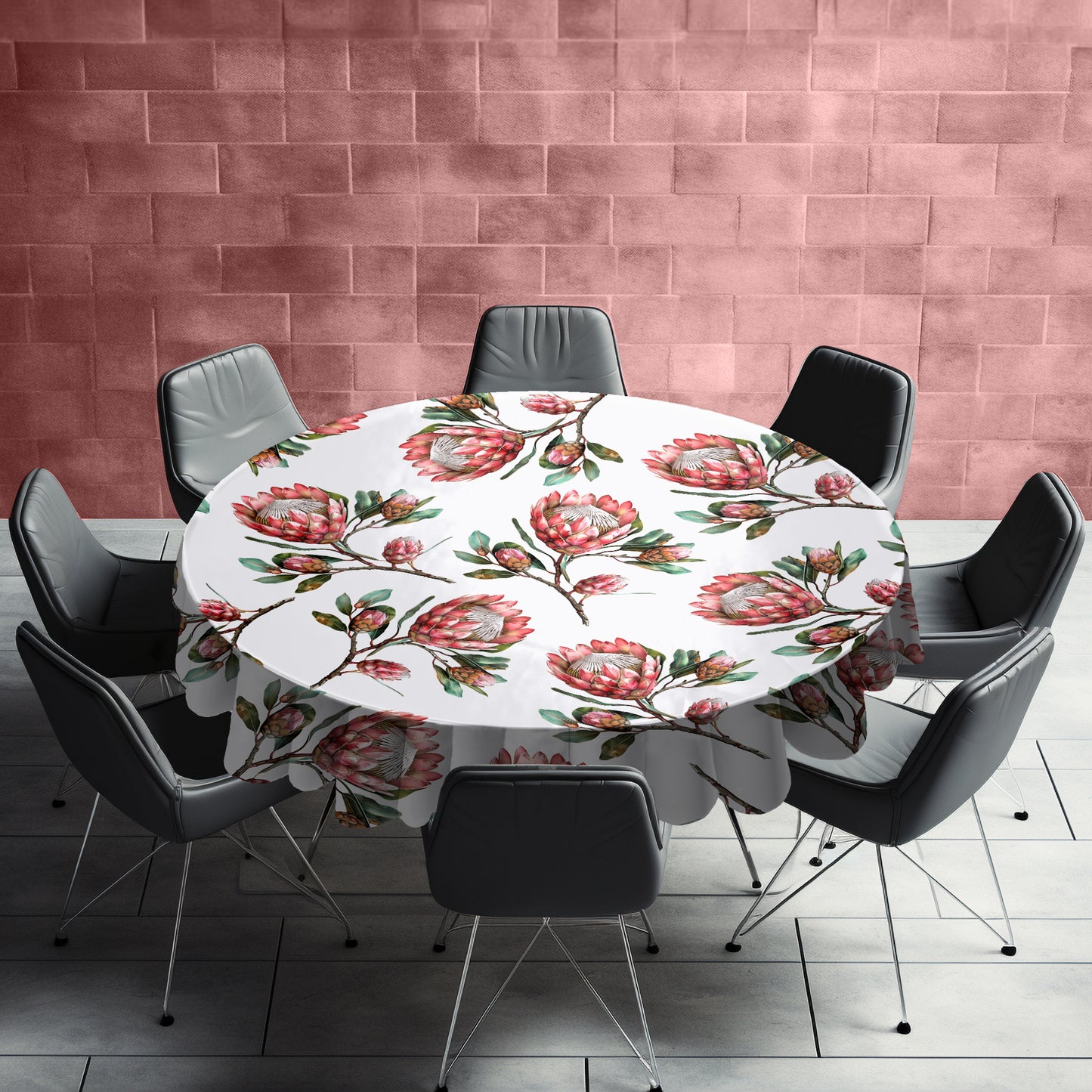Pink Proteas on White Round Tablecloth by Mark van Vuuren