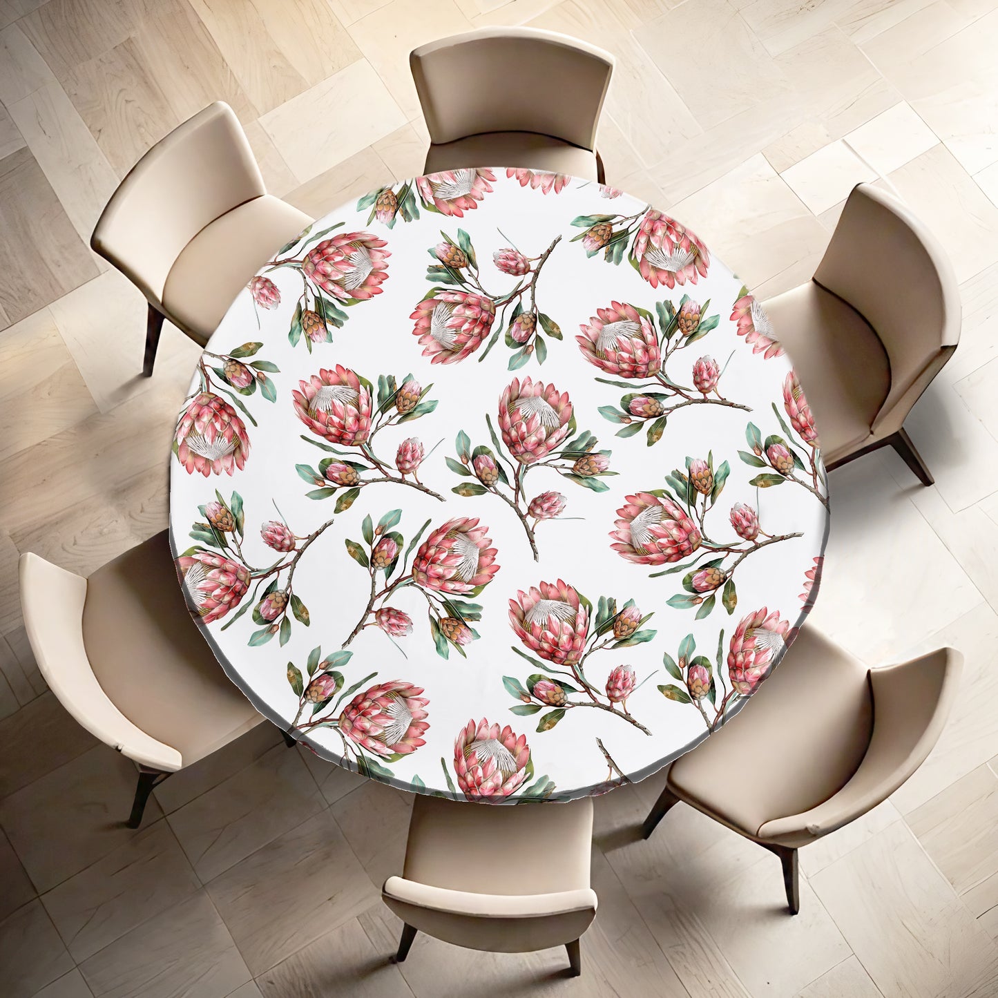 Pink Proteas on White Round Tablecloth by Mark van Vuuren
