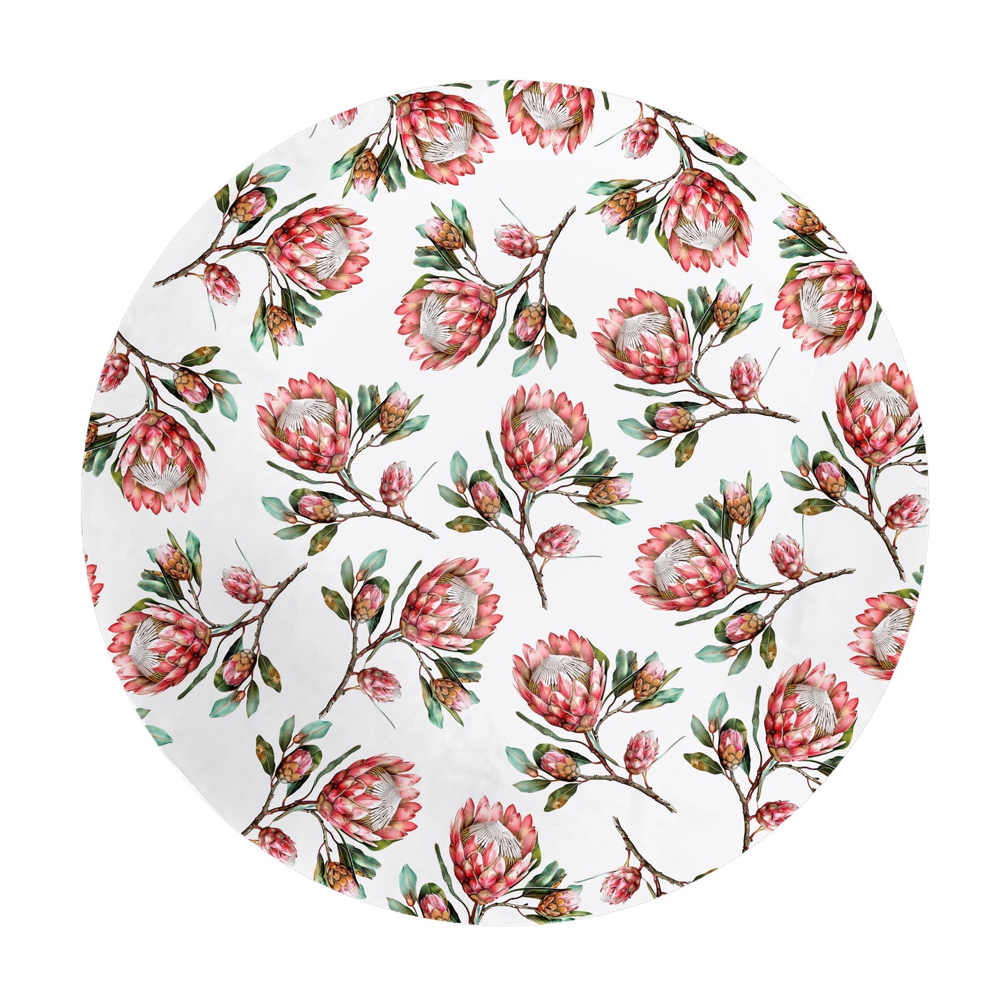 Pink Proteas on White Round Tablecloth by Mark van Vuuren