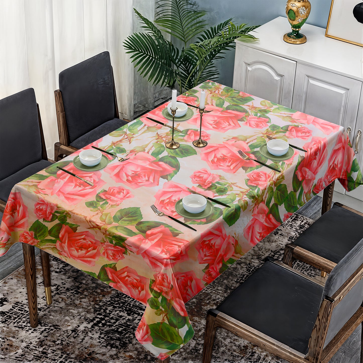 Pink Roses & Green Leaves Rectangle Tablecloth By Mark Van Vuuren