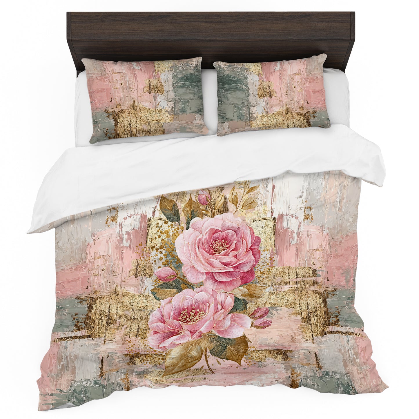 Pink Roses in Gold Leaf Duvet Cover Set