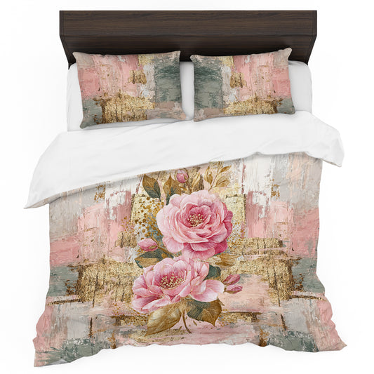 Pink Roses in Gold Leaf Duvet Cover Set