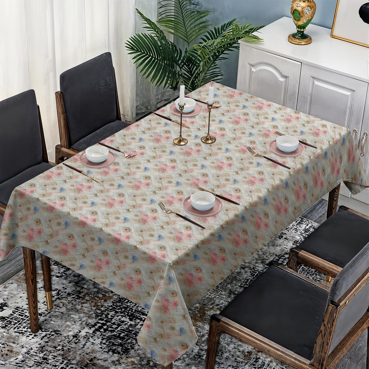 Pink, Blue Beige Geometric Lines Rectangle Tablecloth