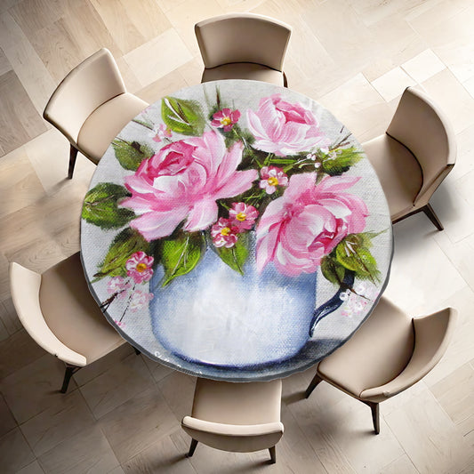 Pink Roses in a Cup By Stella Bruwer Round Tablecloth