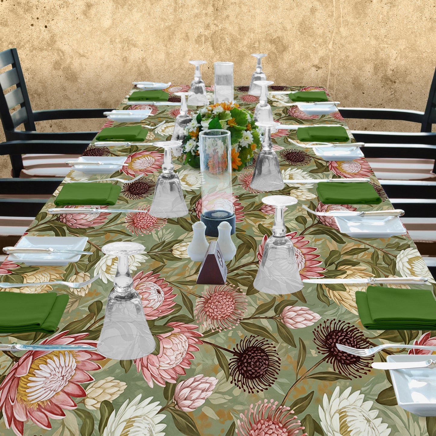 Pink & White Proteas On Green 3m Rectangle Tablecloth