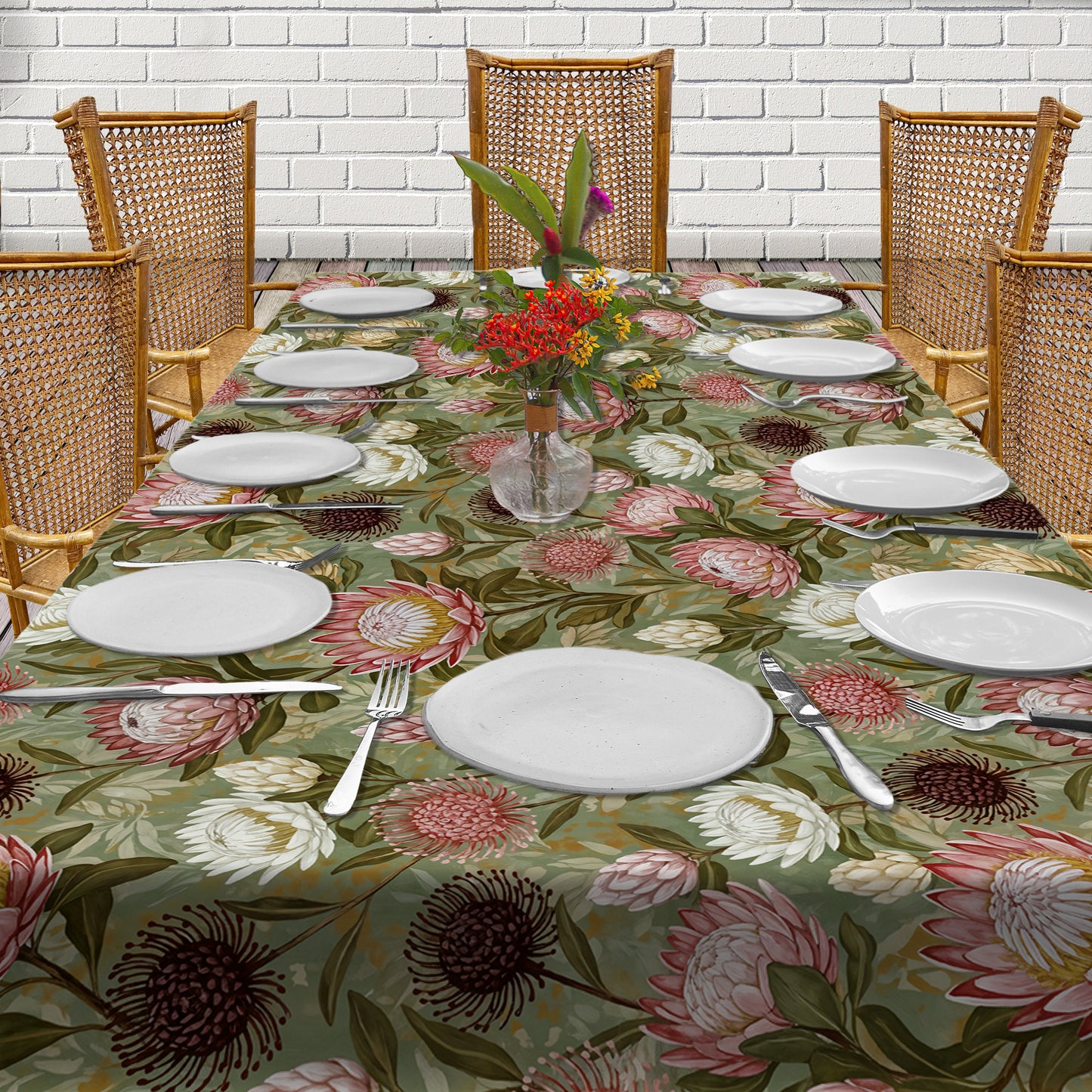 Pink & White Proteas On Green 3m Rectangle Tablecloth