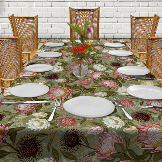 Pink & White Proteas On Green 3m Rectangle Tablecloth