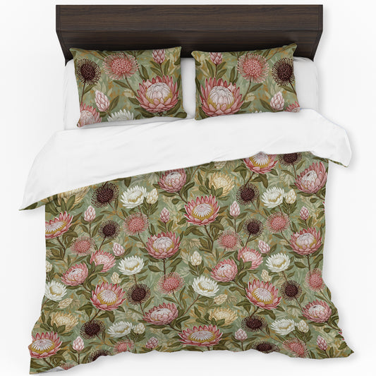 Pink & White Proteas On Green Duvet Cover Set