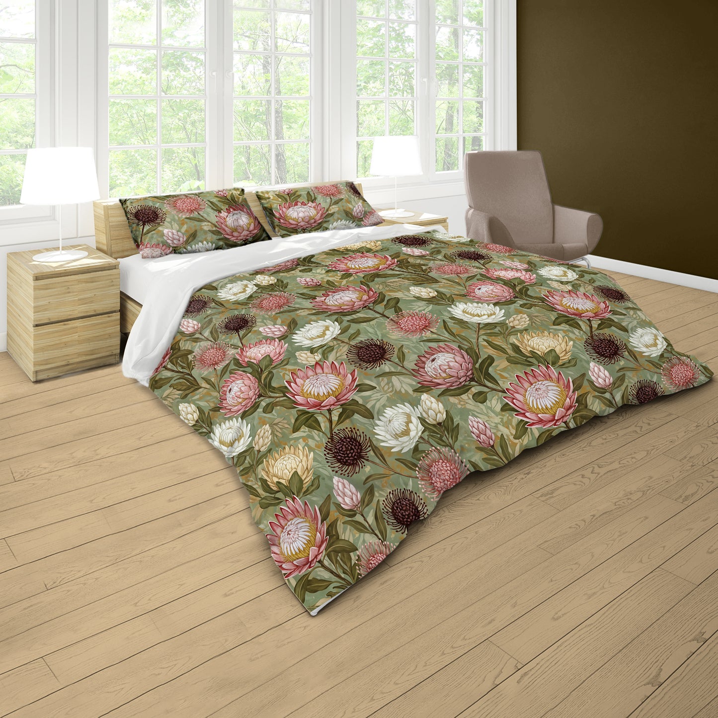 Pink & White Proteas On Green Duvet Cover Set