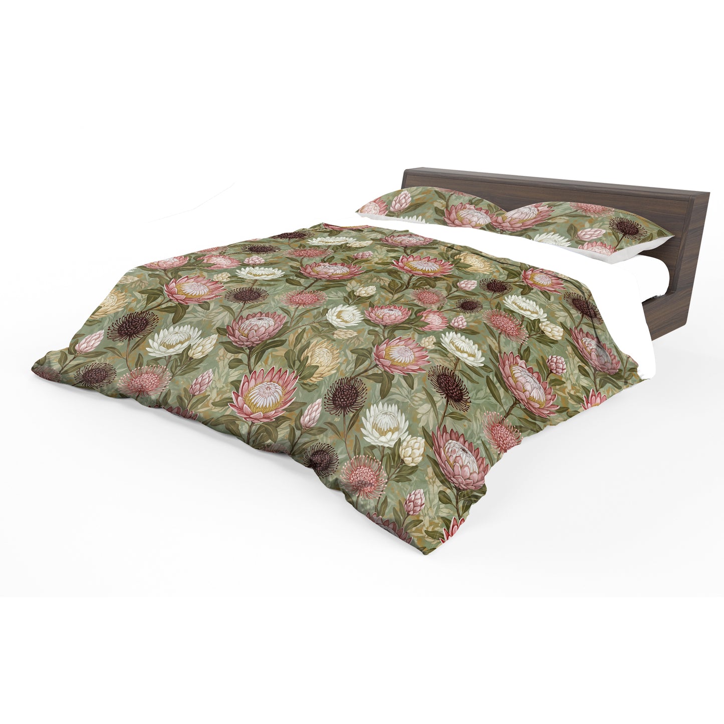 Pink & White Proteas On Green Duvet Cover Set