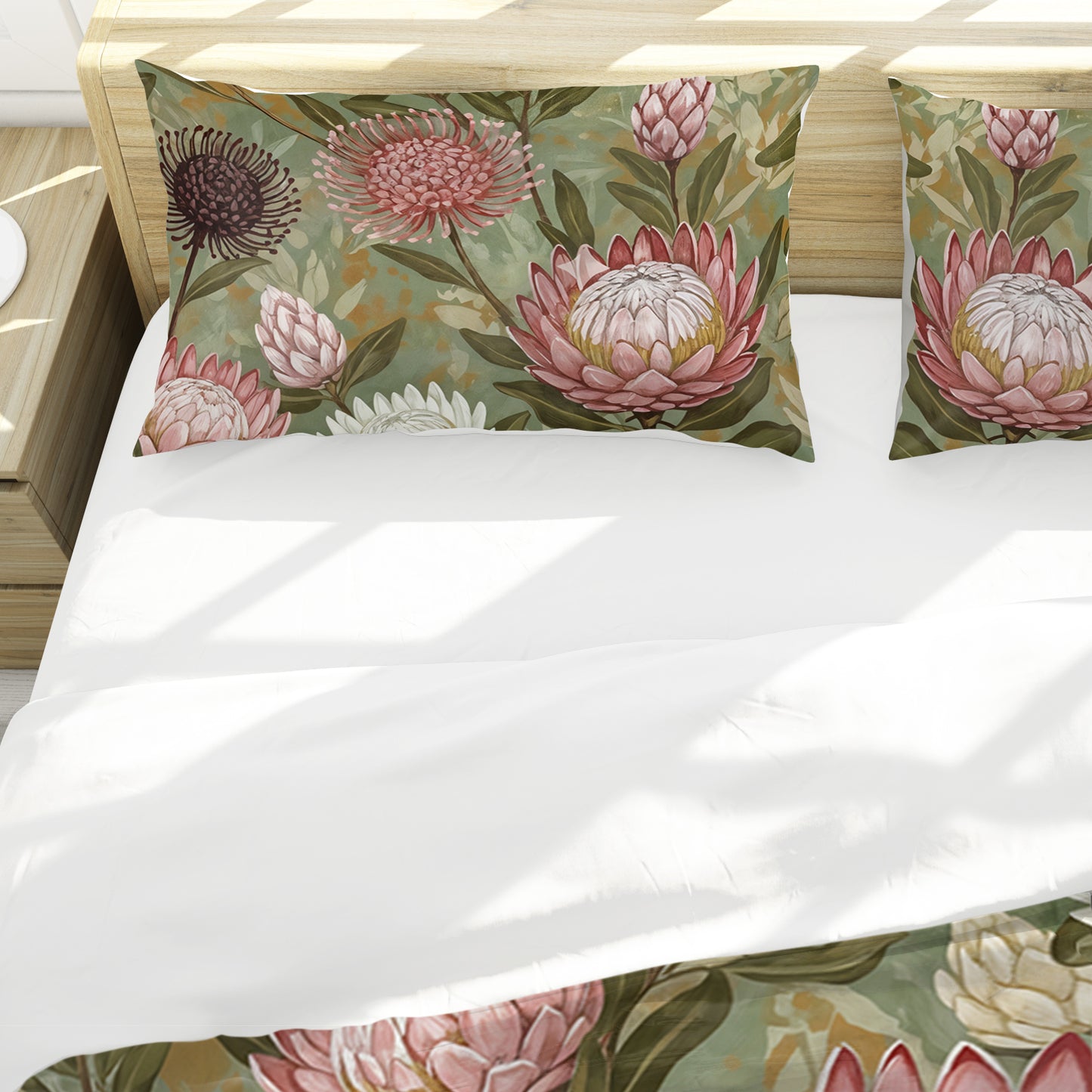 Pink & White Proteas On Green Duvet Cover Set